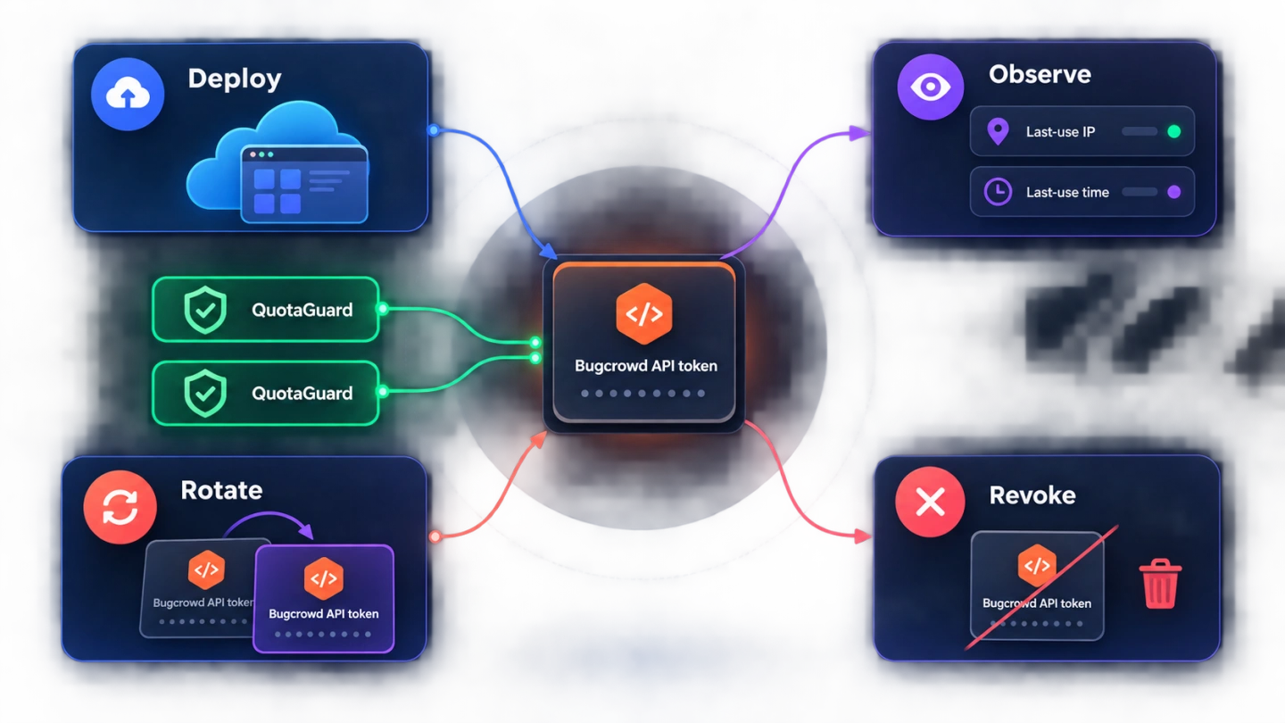 Deployment, observation, rotation, and revocation around a Bugcrowd API token and QuotaGuard pair