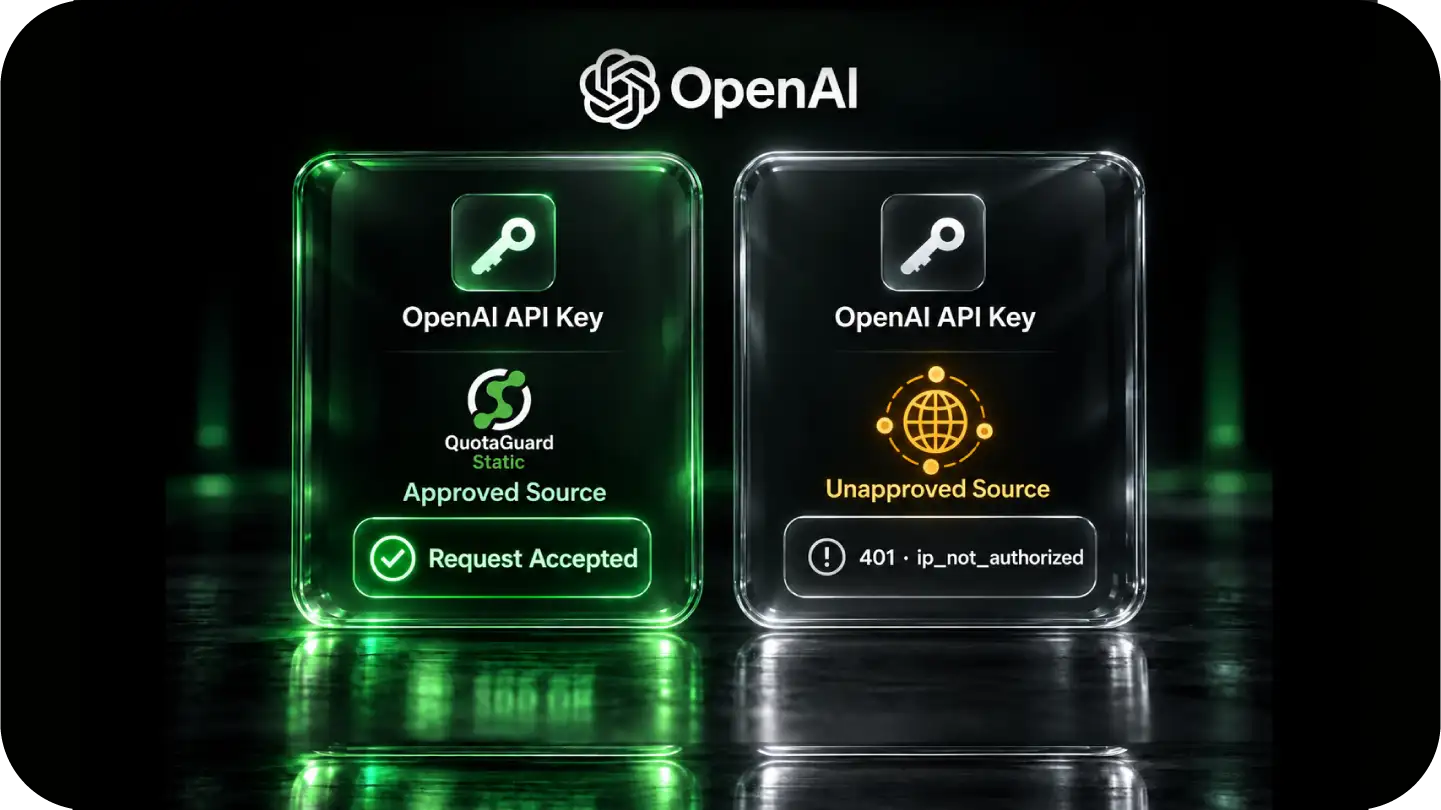 A valid OpenAI API key from an approved QuotaGuard address is accepted while the same key from an unapproved source is rejected