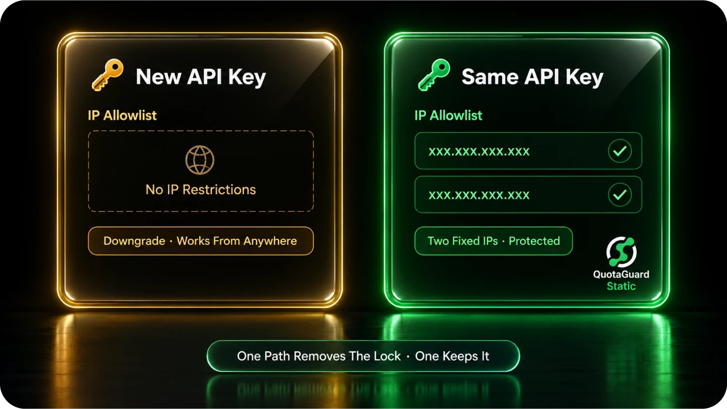 Comparison between removing a Composio API key restriction and keeping the allowlist enabled with a QuotaGuard IP pair
