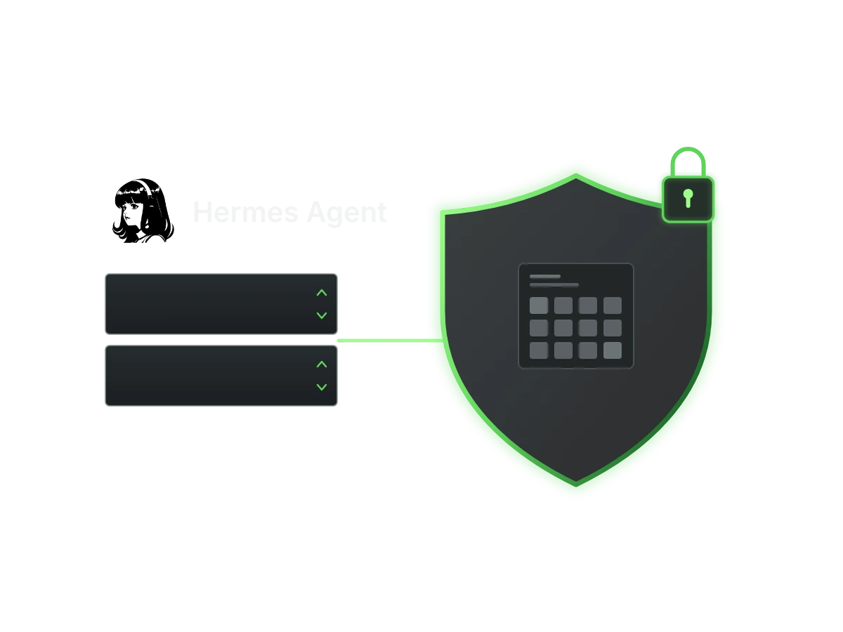 Hermes Agent logo and servers connected to a shield and lock.