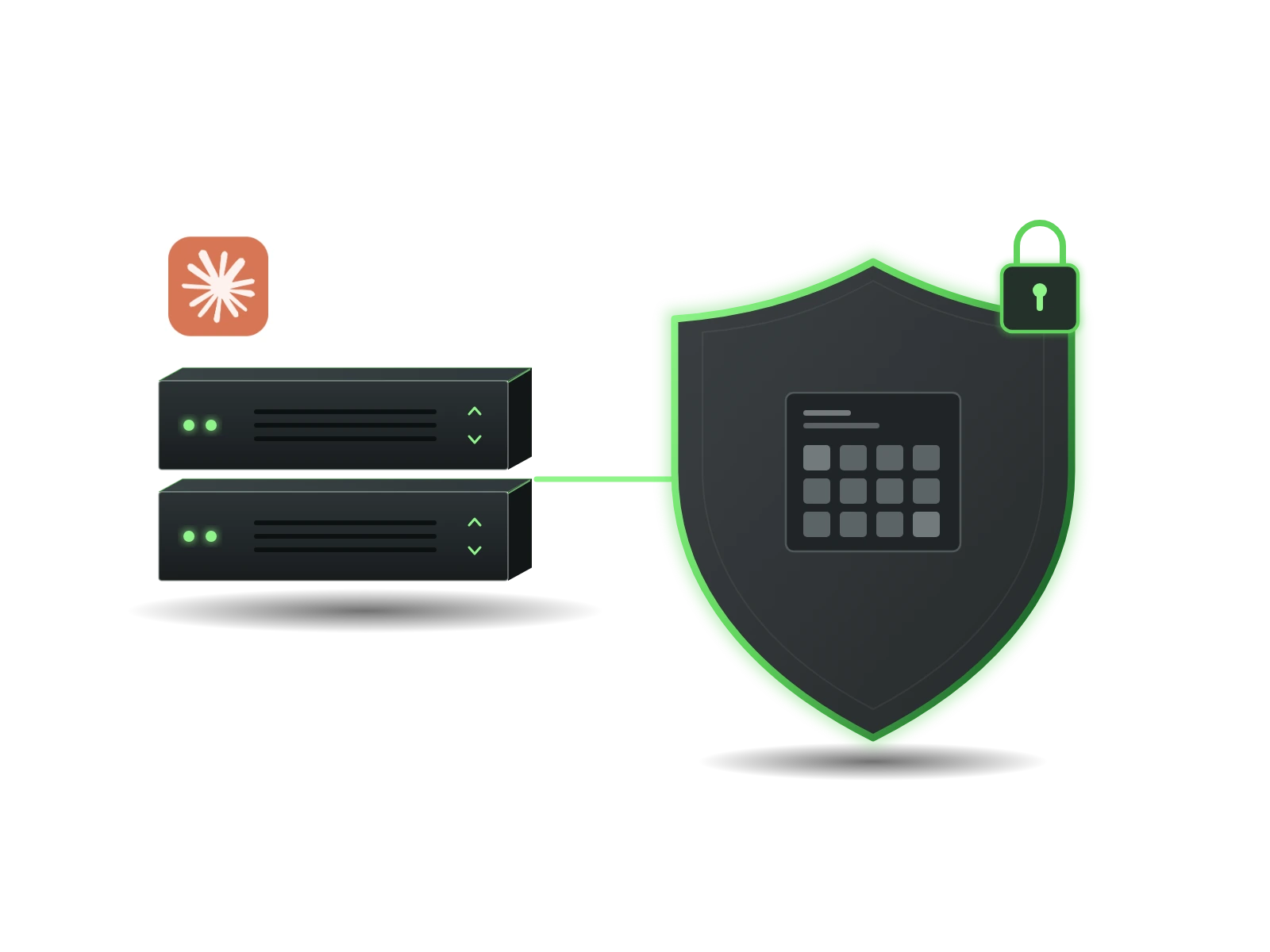 Claude Code servers connected to a green shield and lock.