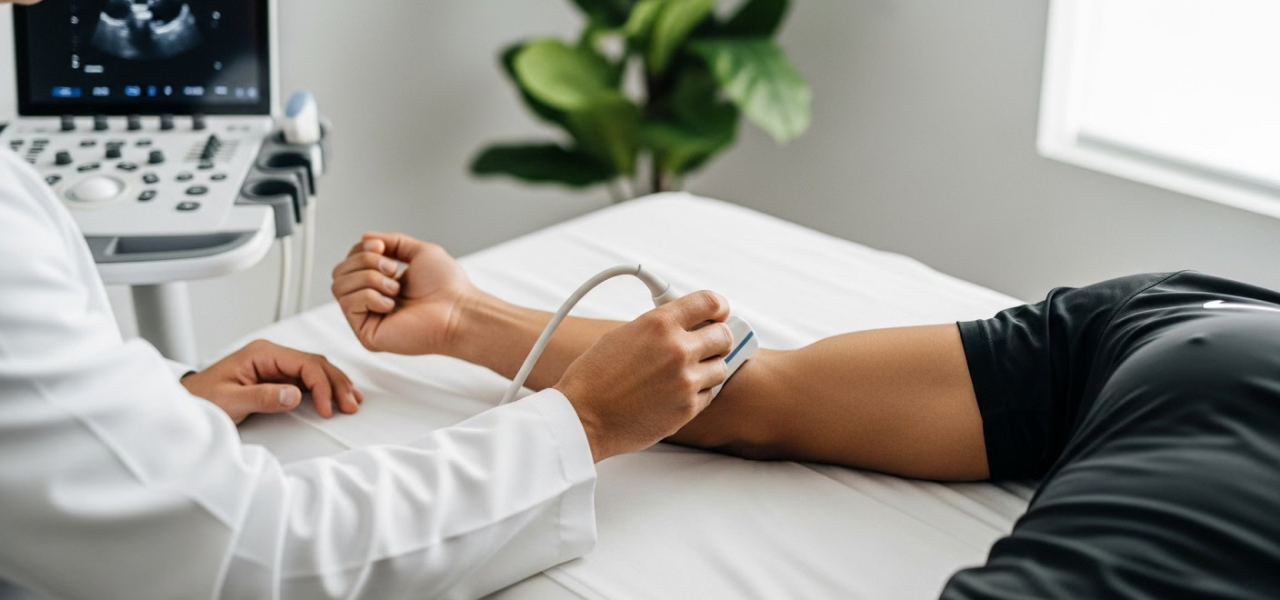 Medical professional performing an ultrasound on a patient's forearm using an ultrasound device in a clinical setting.