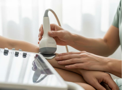 Medical professional performing an ultrasound scan on a patient's forearm using a handheld ultrasound device.