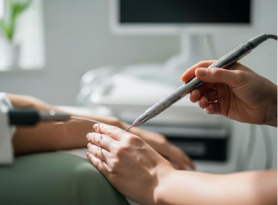 Medical professional performing a laser procedure on a patient's hand using a handheld device.