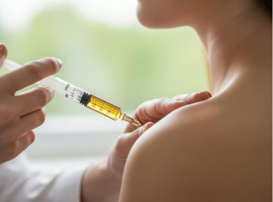 Close-up of a person receiving an injection in the shoulder using a syringe filled with yellow liquid.