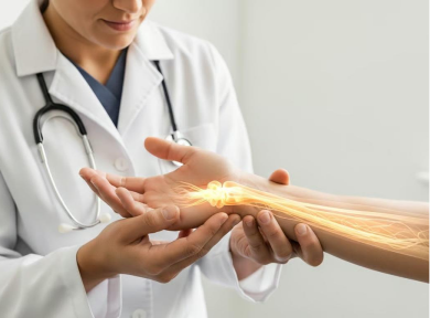 Doctor examining a patient's wrist with a digital overlay showing the bones and nerves in the forearm and hand.