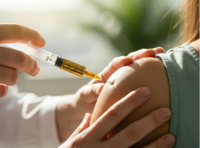 Close-up of a person receiving an injection in the upper arm with a syringe held by a healthcare professional.