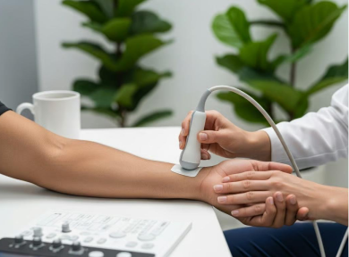Medical professional performing an ultrasound scan on a patient's forearm with an ultrasound device.