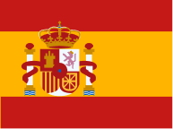 Flag of Spain featuring three horizontal stripes in red, yellow, red with the national coat of arms centered on the yellow stripe.