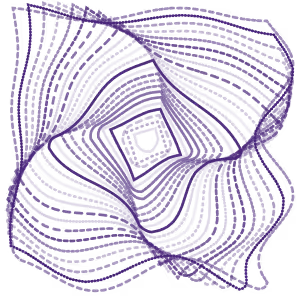 Abstract dark purple swirling lines forming a four-lobed pinwheel shape on a black background.