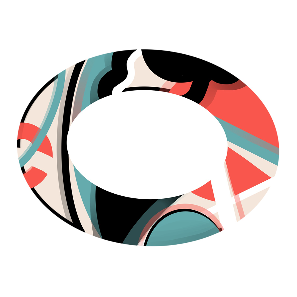 Oval-shaped ring featuring an abstract pattern with teal, black, coral, and beige colors.