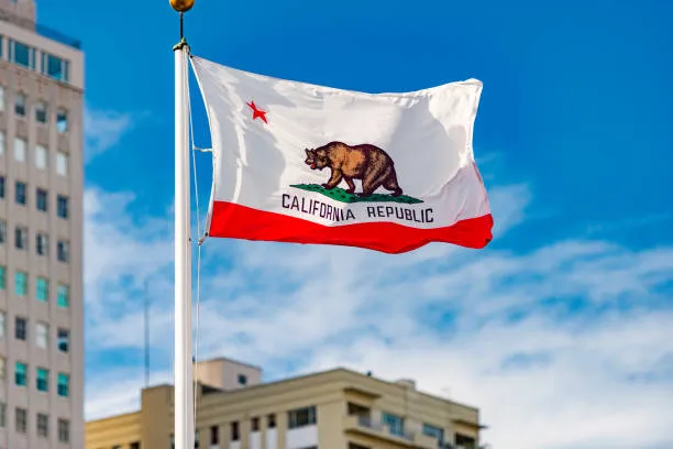 The California state flag, featuring the grizzly bear and red star, waving on a flagpole against a blue sky with urban government buildings in the background.