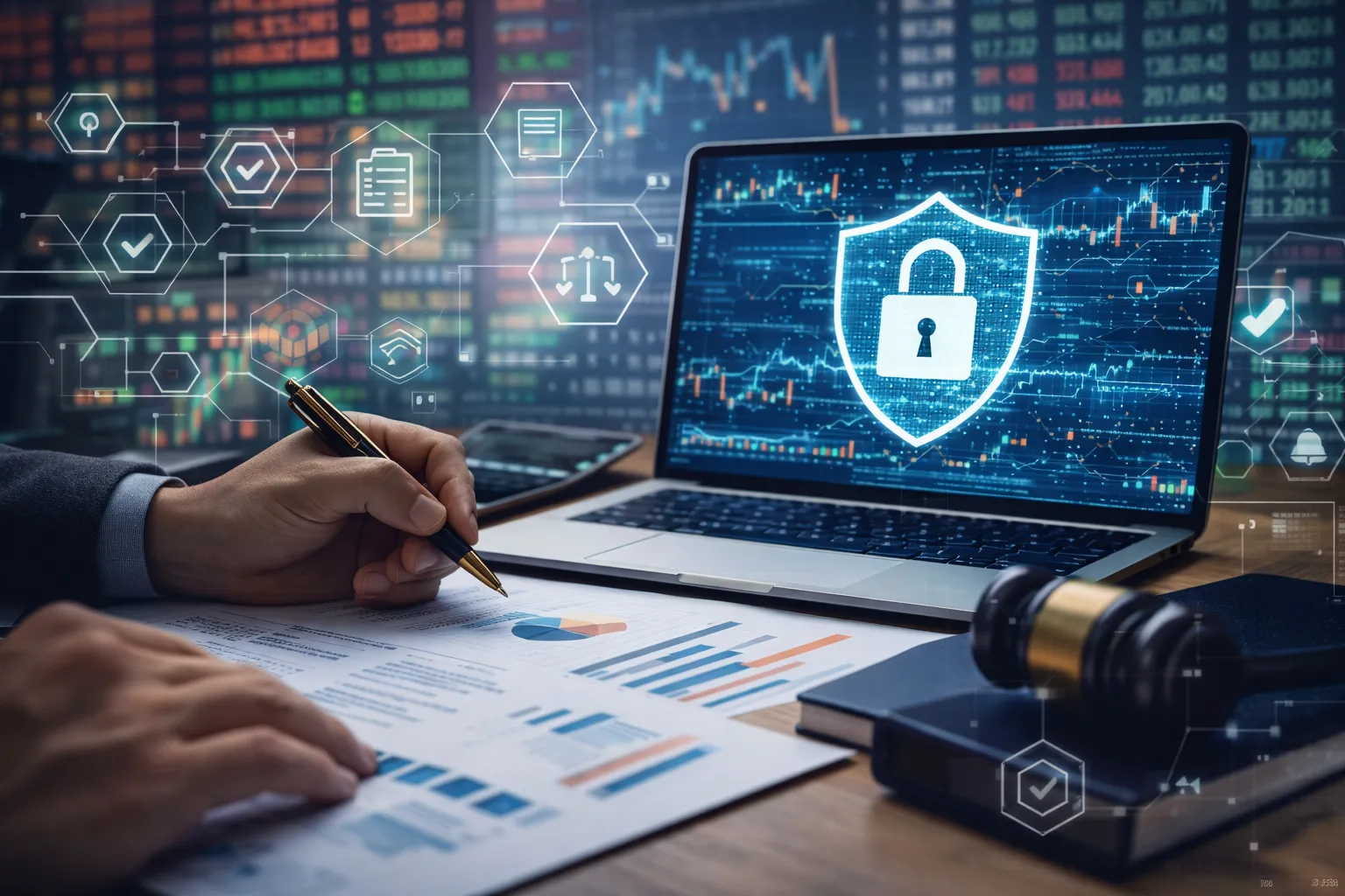 A professional reviewing printed financial charts at a desk alongside a laptop displaying a glowing cybersecurity shield and padlock icon, with a legal gavel resting nearby, illustrating data protection and regulatory compliance.