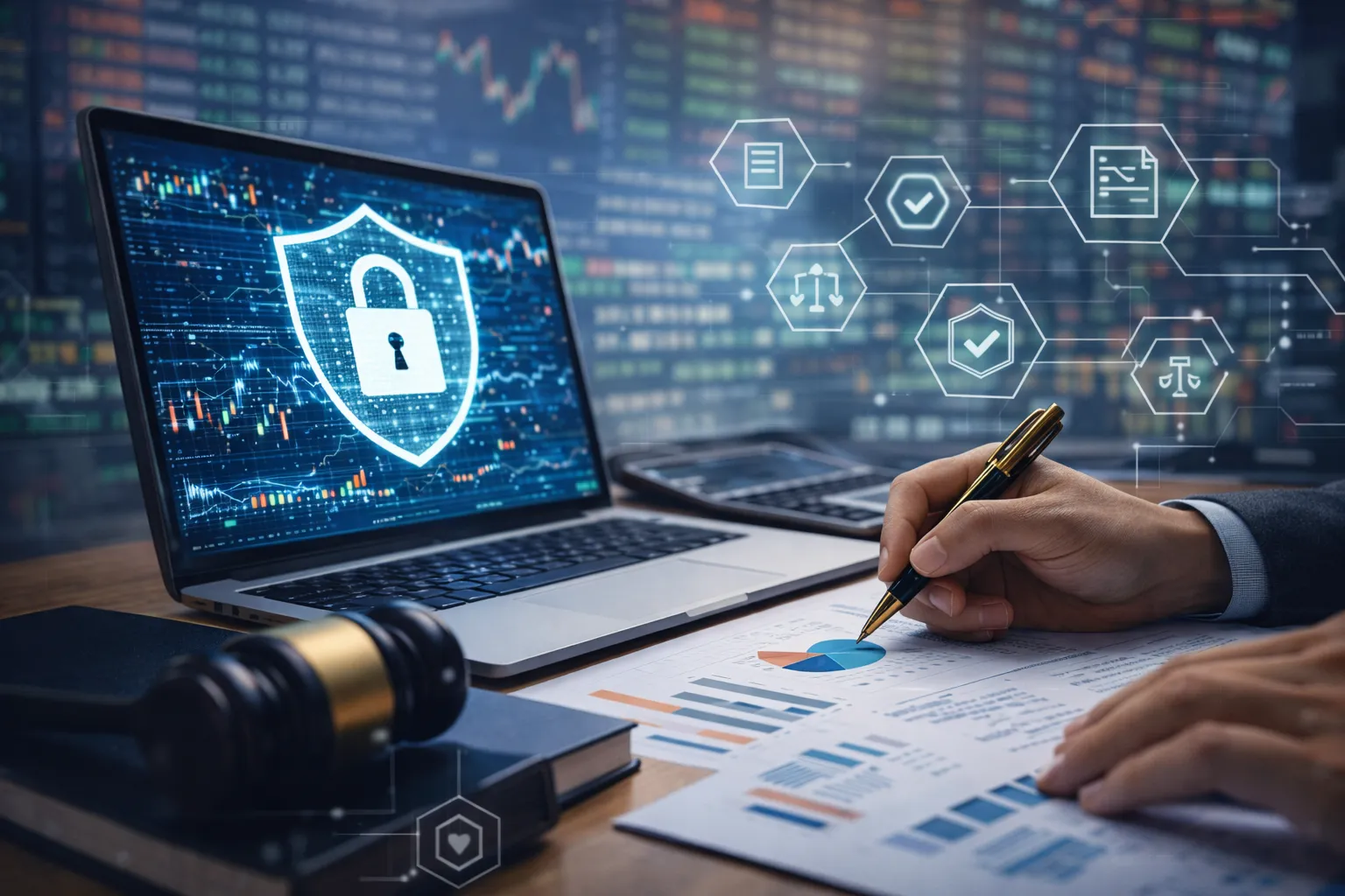 A professional reviewing printed financial charts at a desk alongside a laptop displaying a glowing cybersecurity shield and padlock icon, with a legal gavel resting nearby, illustrating data protection and regulatory compliance.