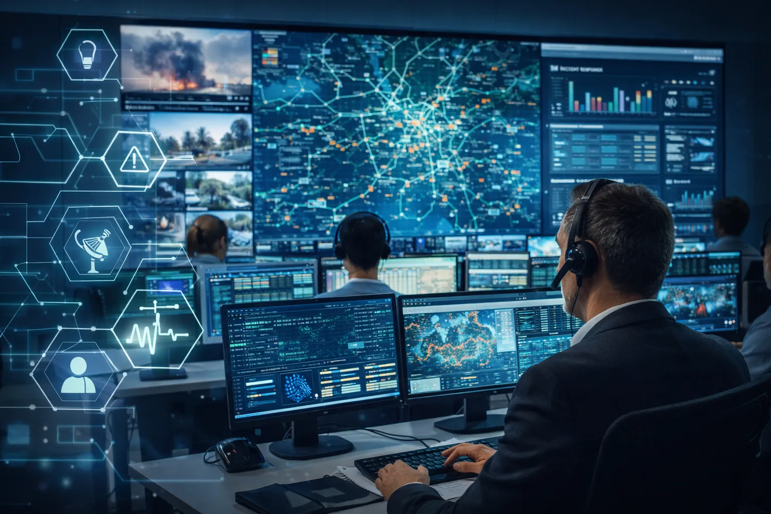 A high-tech emergency command center with operators at multiple workstations monitoring a large video wall displaying real-time city maps, data analytics, and live surveillance feeds for incident response.