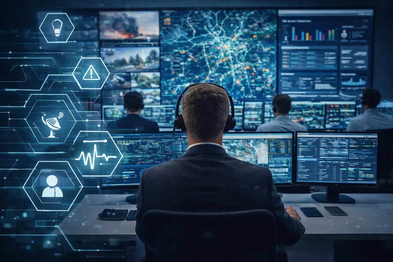 A high-tech emergency command center with operators at multiple workstations monitoring a large video wall displaying real-time city maps, data analytics, and live surveillance feeds for incident response.