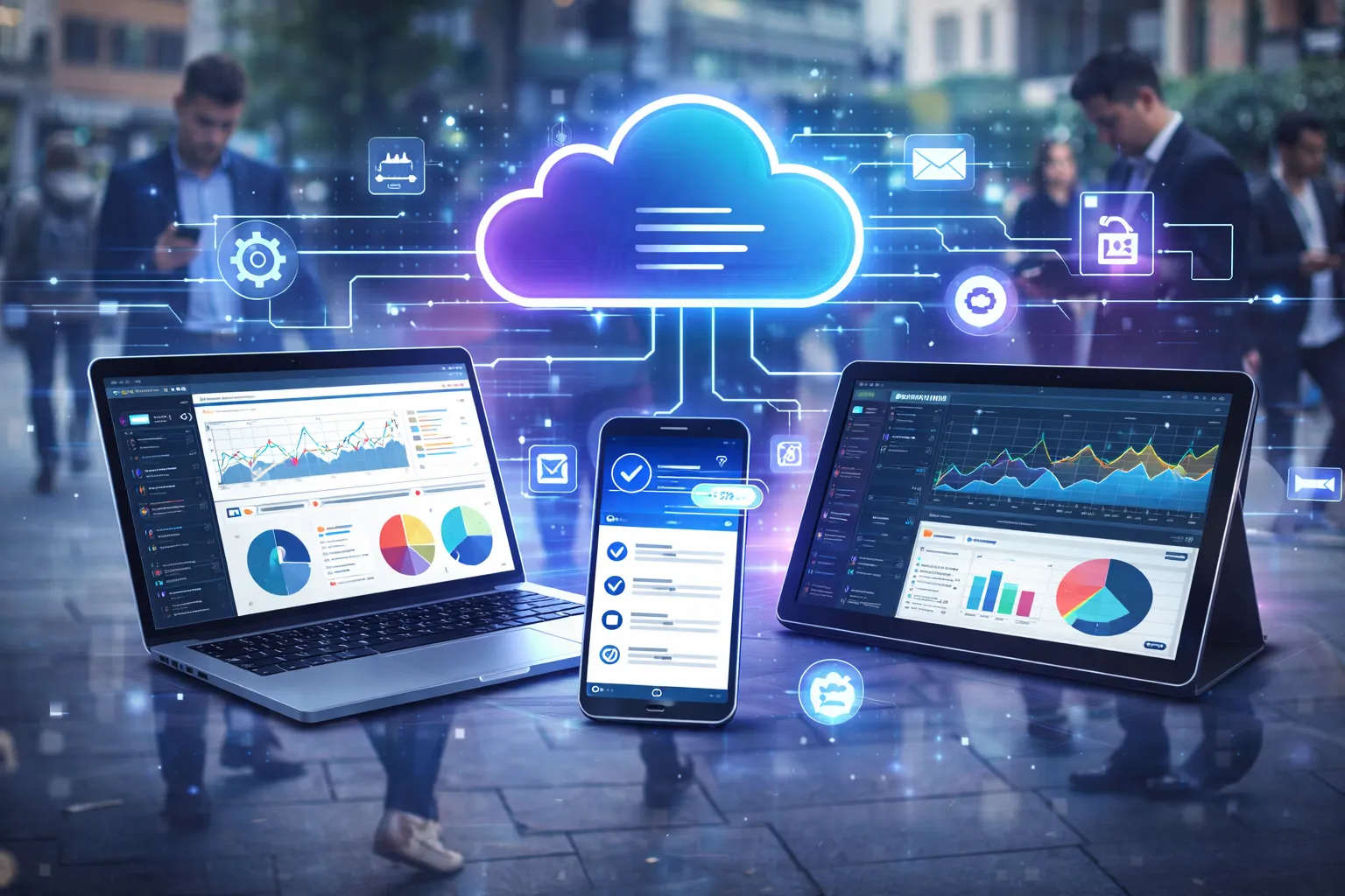 A laptop, smartphone, and tablet displaying data analytics dashboards, interconnected by glowing blue digital lines to a central cloud computing icon against a blurred urban background, illustrating cloud integration and cross-device data accessibility.