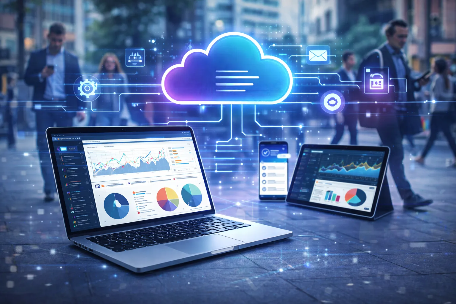 A laptop, smartphone, and tablet displaying data analytics dashboards, interconnected by glowing blue digital lines to a central cloud computing icon against a blurred urban background, illustrating cloud integration and cross-device data accessibility.