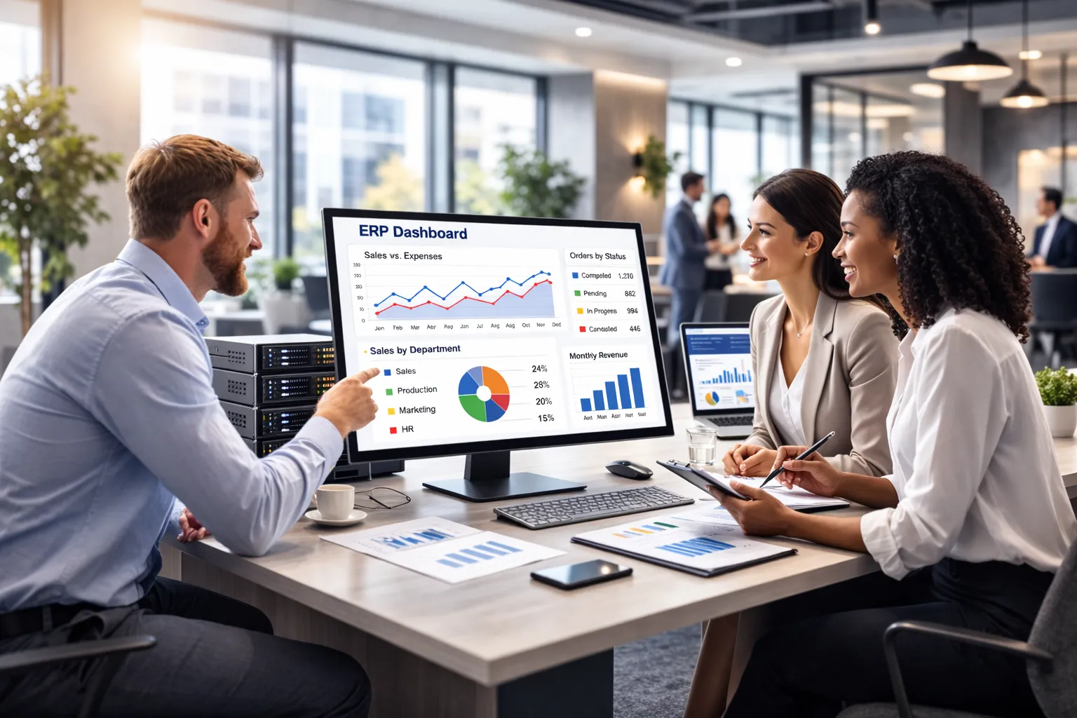 Three professionals sitting around a desk in a bright, modern office, smiling and collaborating. A man points to a large computer monitor displaying an 'ERP Dashboard' with colorful data charts, while two women actively listen and review printed reports.