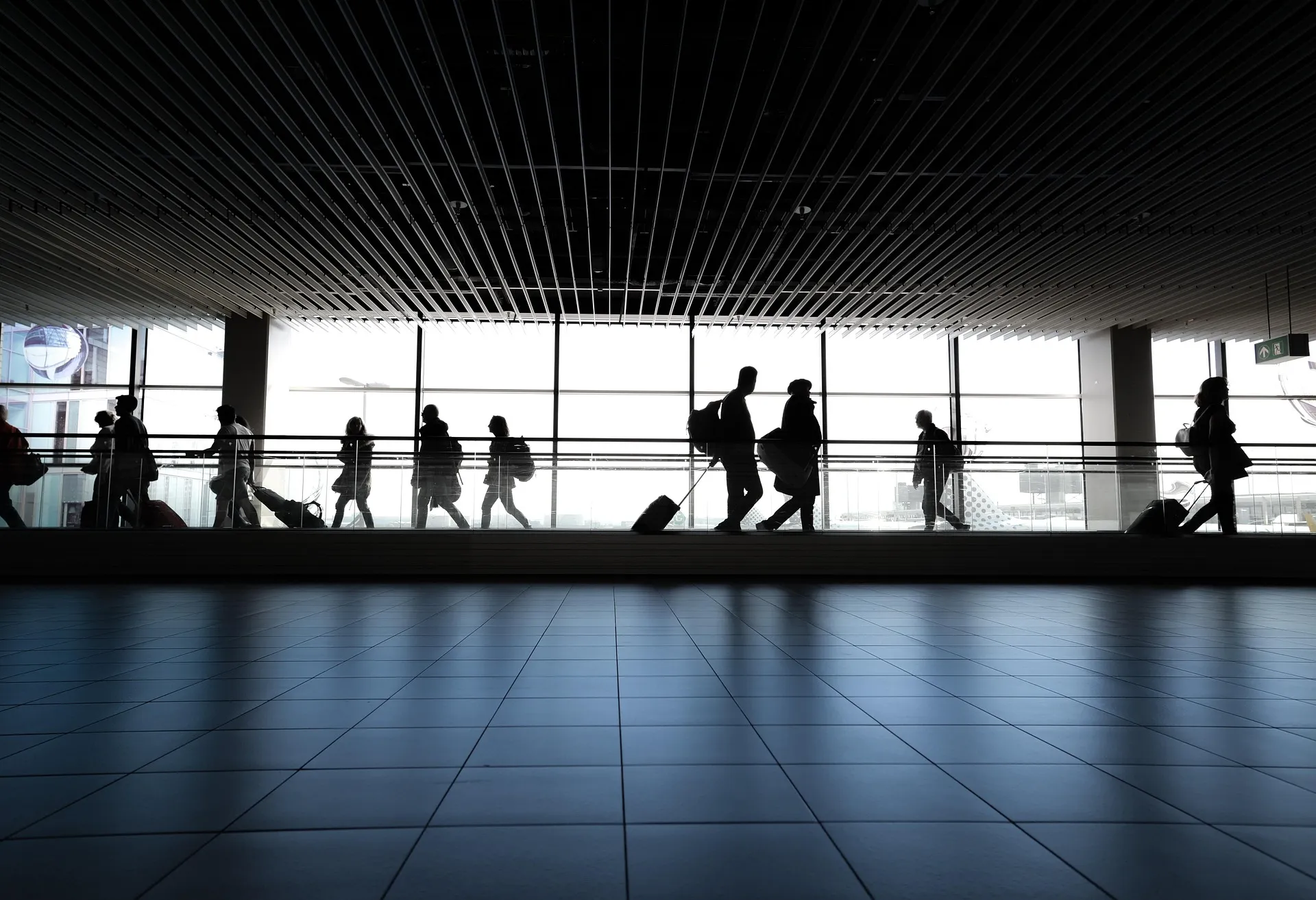 Silhouettes of travelers with luggage walking along a bright window in a modern airport terminal, representing large-scale transportation and aviation logistics projects.