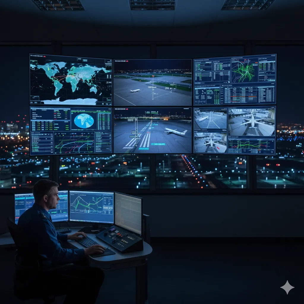 A technician monitoring high-tech screens in a dark airport operations center at night, displaying global maps, live runway feeds, and data analytics for aviation logistics.