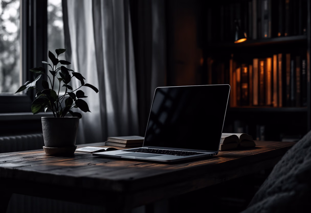 image of desk with a laptop and a plant for a bookstore