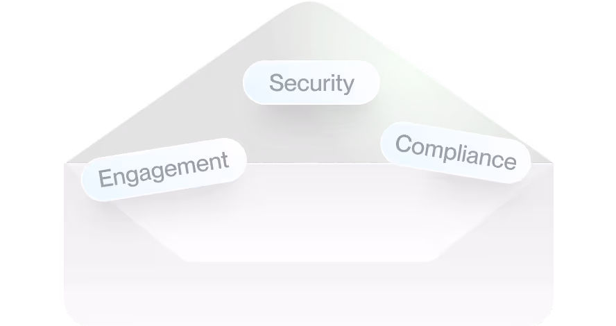 Abstract triangle with the words Security, Engagement, and Compliance on white rounded rectangles inside.