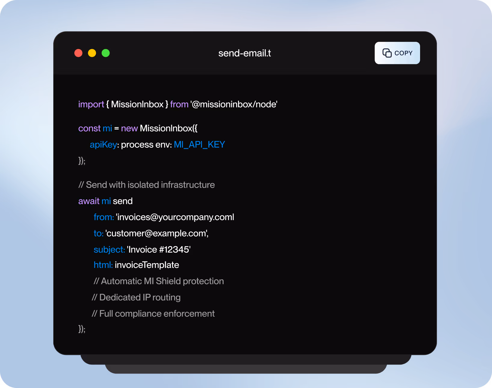 Code snippet for sending an email using MissionInbox API with isolated infrastructure, specifying sender, receiver, subject, and HTML template.