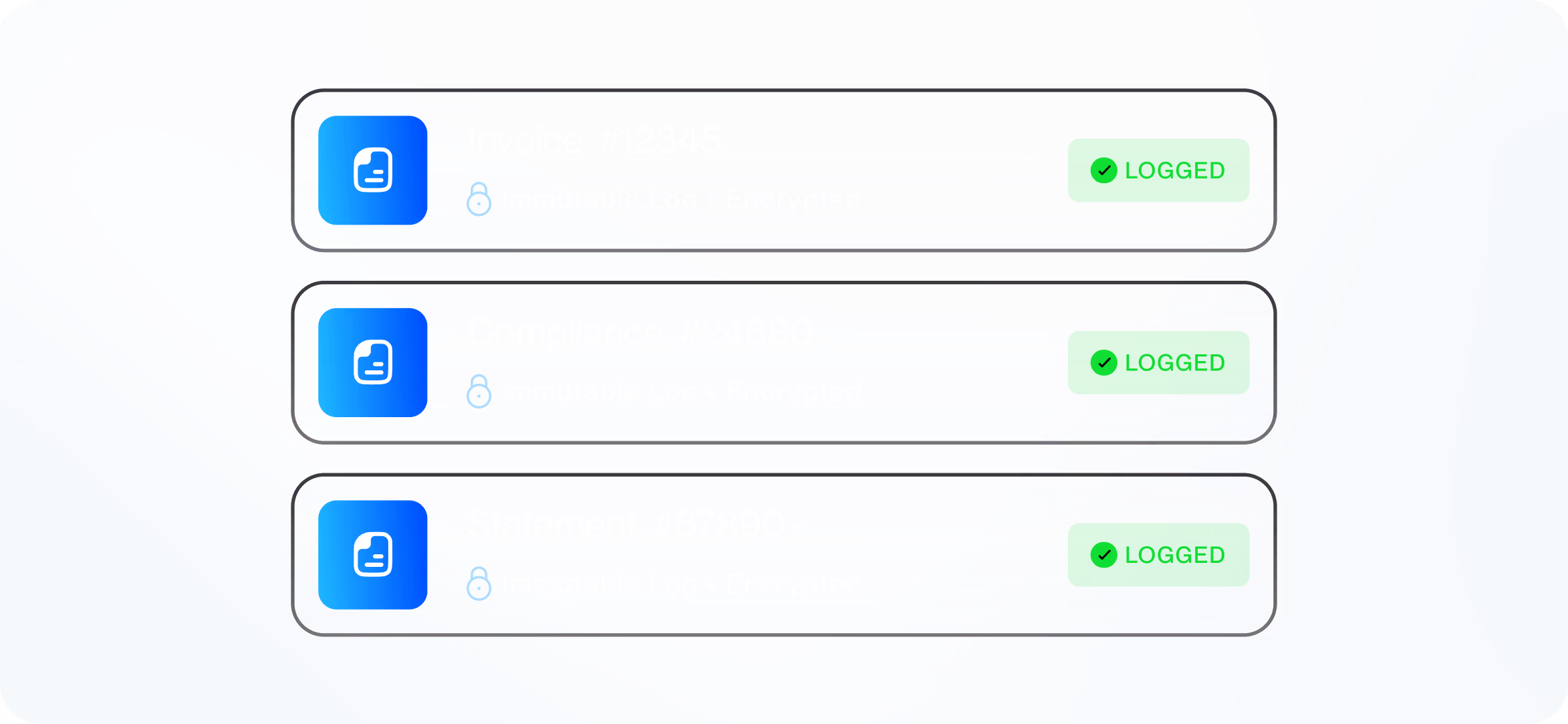 Three blue app icons each labeled Invoice #12345, Compliance #24680, and Statement #67890 with text 'Immutable Log · Encrypted' and green 'Logged' status boxes.
