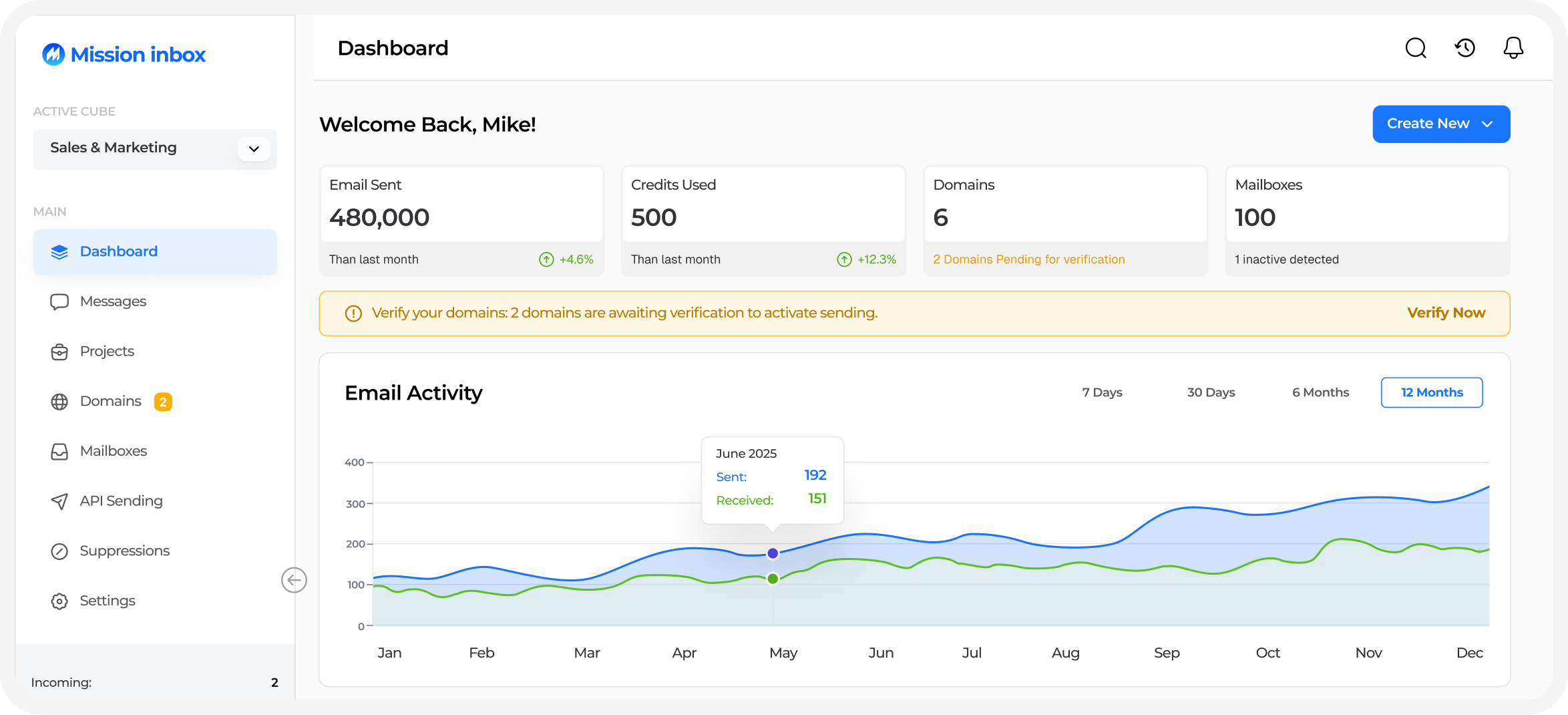 Mission Inbox dashboard showing email stats: 480,000 emails sent, 500 credits used, 6 domains with 2 pending verification, 100 mailboxes with 1 inactive, and a 12-month email activity graph.