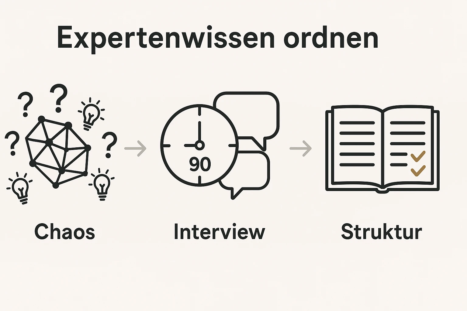 Diese Grafik zeigt, wie unsortiertes Expertenwissen durch ein strukturiertes Interview in eine klare Buchstruktur überführt wird.