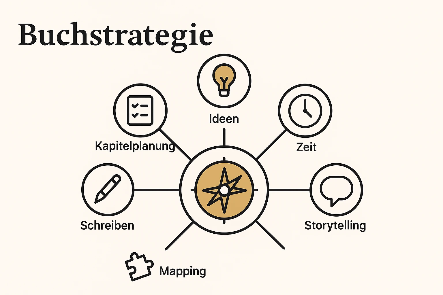 Das Diagramm visualisiert die Buchstrategie als Kompass, der die Vorbereitung auf Interviews und die Buchstruktur lenkt.