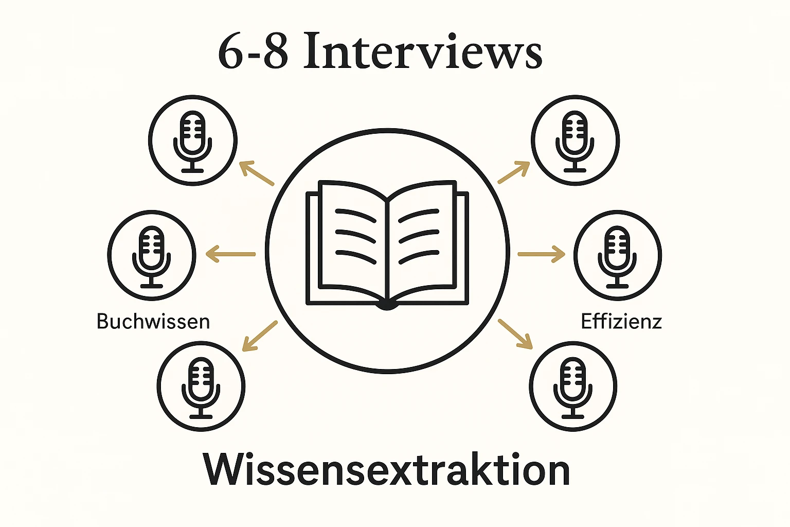 Diese Grafik veranschaulicht das Konzept der 6-8 Interviews als zentrales Element zur Gewinnung von Buchwissen für Unternehmer.