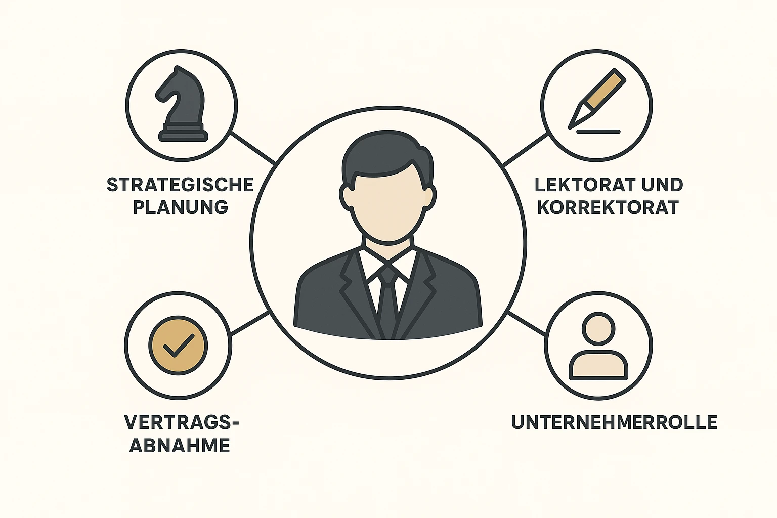 Diese Grafik veranschaulicht die zentrale Rolle der Endabnahme im Unternehmerbuch-Prozess, indem sie wichtige Konzepte wie Vertragsabnahme, strategische Planung, Lektorat und die Unternehmerrolle hervorhebt.