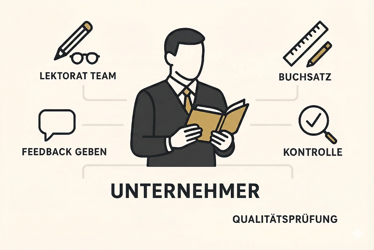 Diese Grafik stellt das Zusammenspiel zwischen Unternehmer und Qualitätsprüfungsteams dar, das für eine makellose Endabnahme im Buchprozess entscheidend ist.