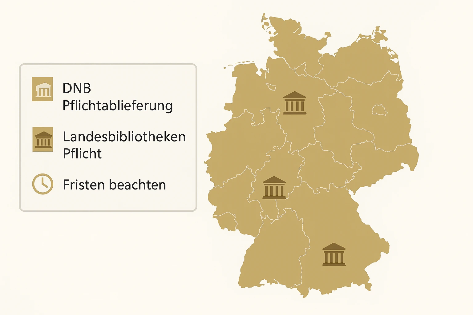 Die Karte zeigt die gesetzlichen Ablieferungspflichten für die Deutsche Nationalbibliothek und die Landesbibliotheken in den deutschen Bundesländern.