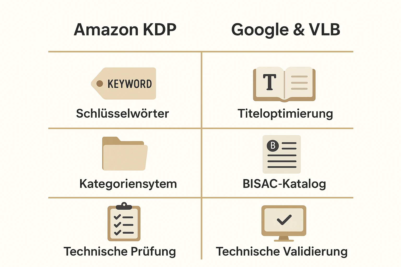 Diese Tabelle veranschaulicht die unterschiedlichen Metadatenstrategien und technischen Anforderungen für Buchplattformen.