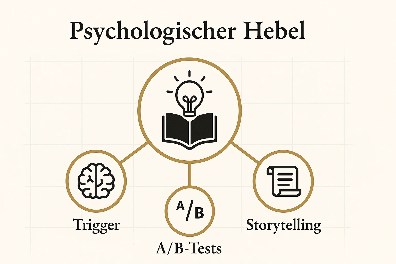 Das zentrale Framework zeigt, wie psychologische Trigger, Storytelling und A/B Testing zusammenwirken, um Kaufabsicht zu steigern und Buchmarketing zu optimieren.