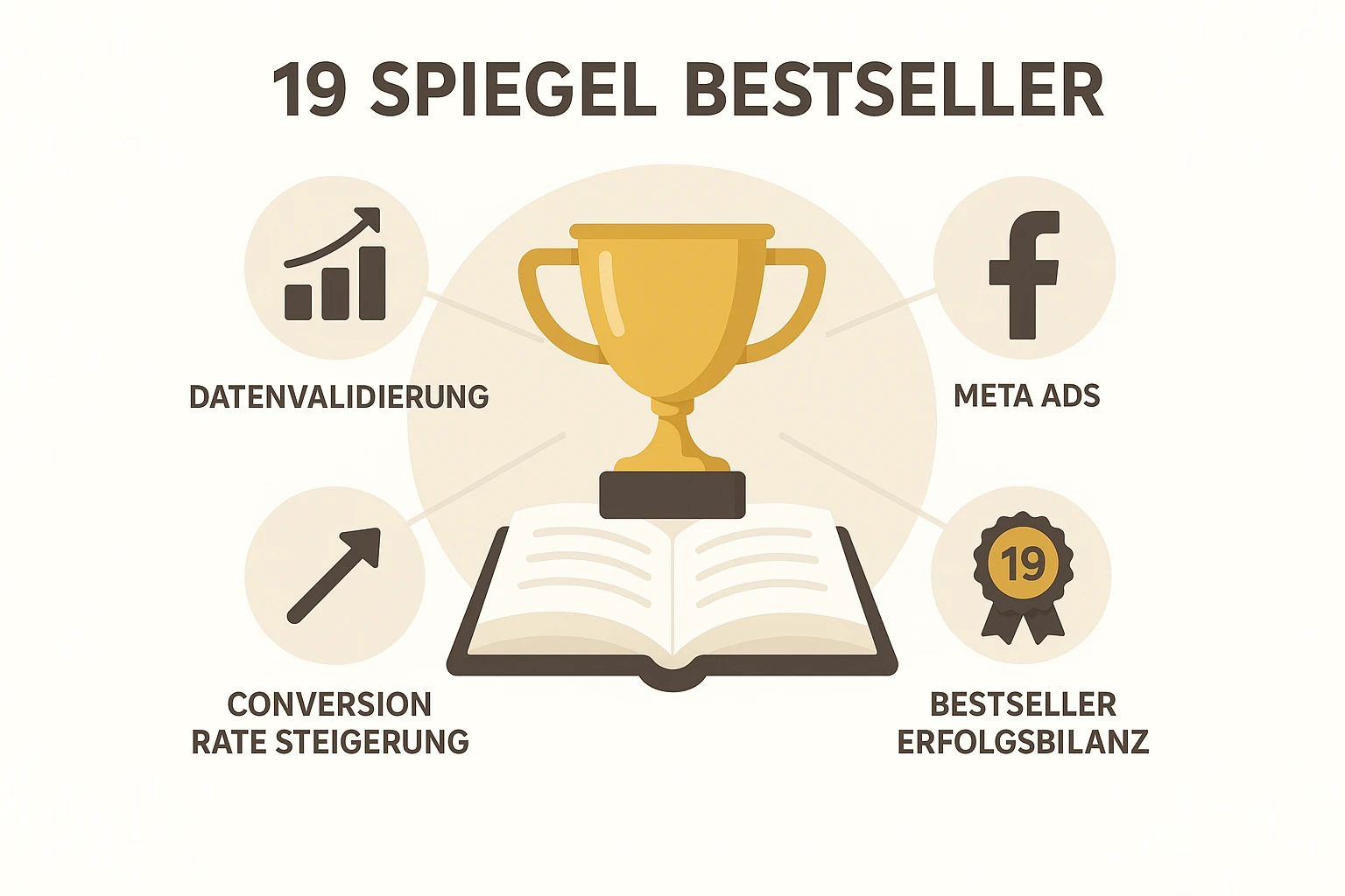 Illustration der 19 Spiegel Bestseller als glaubwürdiger Nachweis des Erfolgs datengetesteter Buchkonzepte und deren Marktakzeptanz.