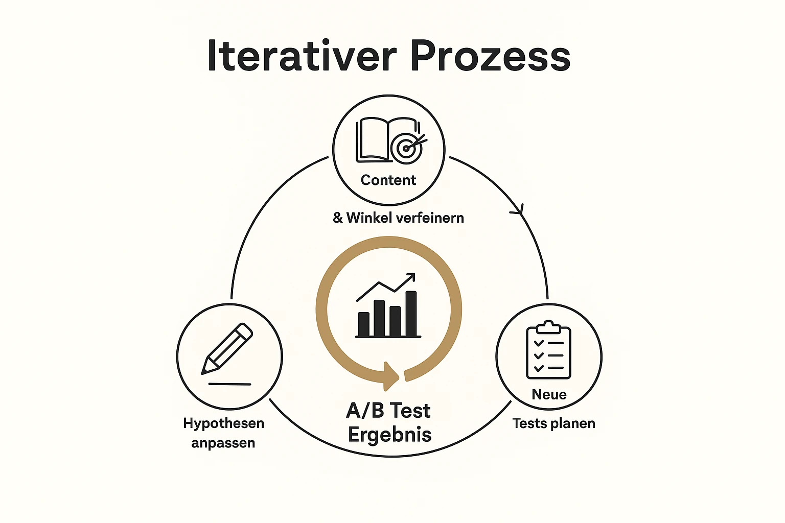 Diese Grafik zeigt den zyklischen Prozess der Hypothesenanpassung und Testplanung basierend auf Analyseergebnissen zur kontinuierlichen Buchoptimierung.