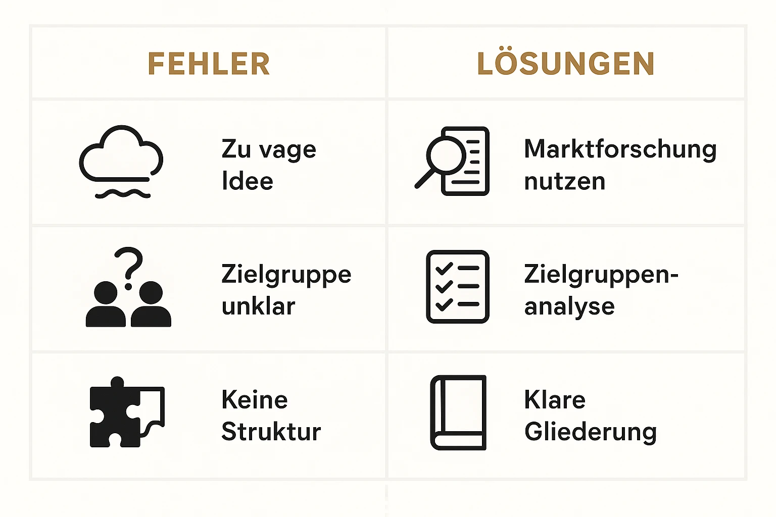 Diese Grafik zeigt gängige Fehler beim Buchkonzept und wie man sie mit bewährten Methoden und Analysewerkzeugen behebt.