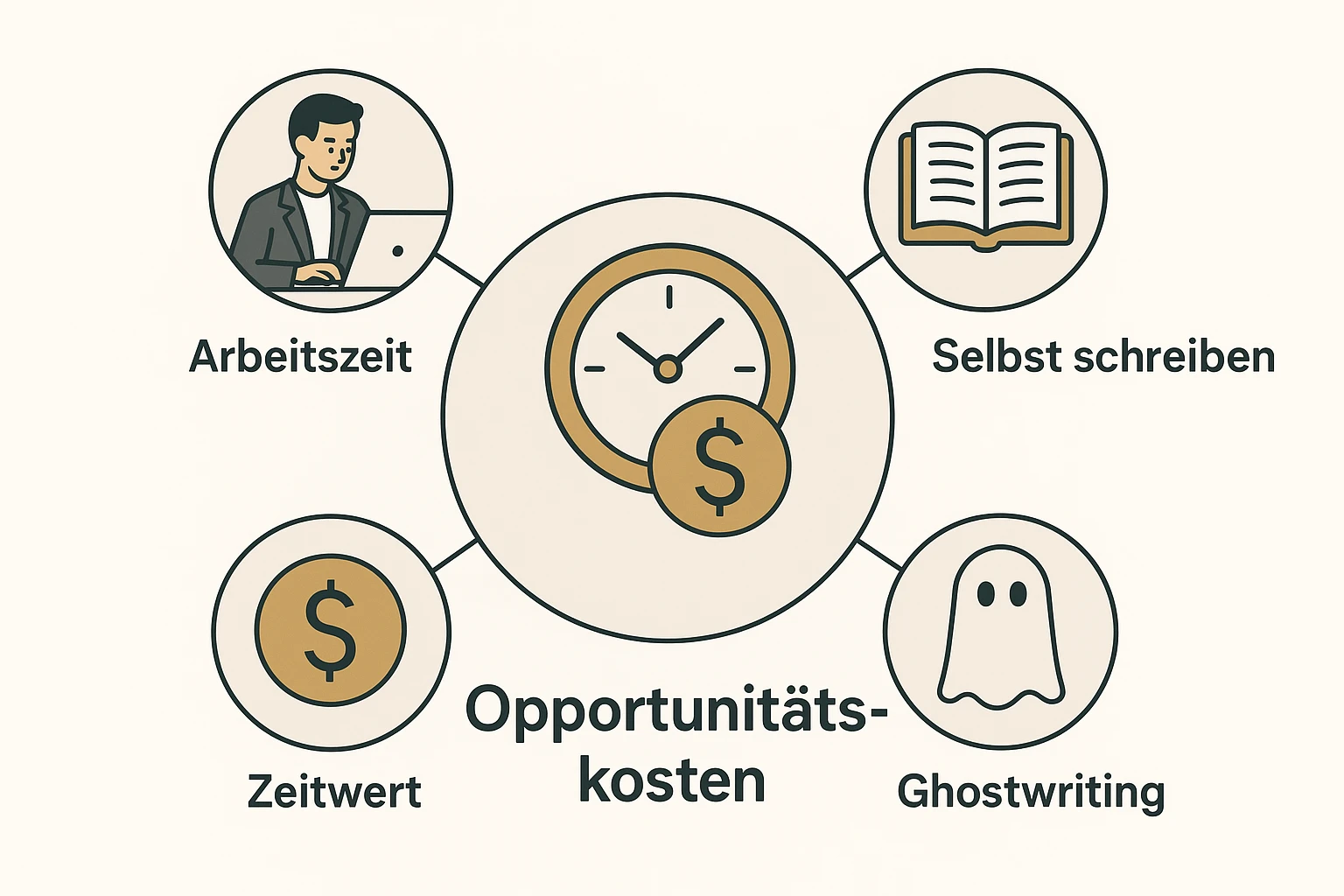 Dieses Bild erklärt das zentrale Konzept der Opportunitätskosten beim Selberschreiben und stellt die wichtigsten Bestandteile visuell dar.