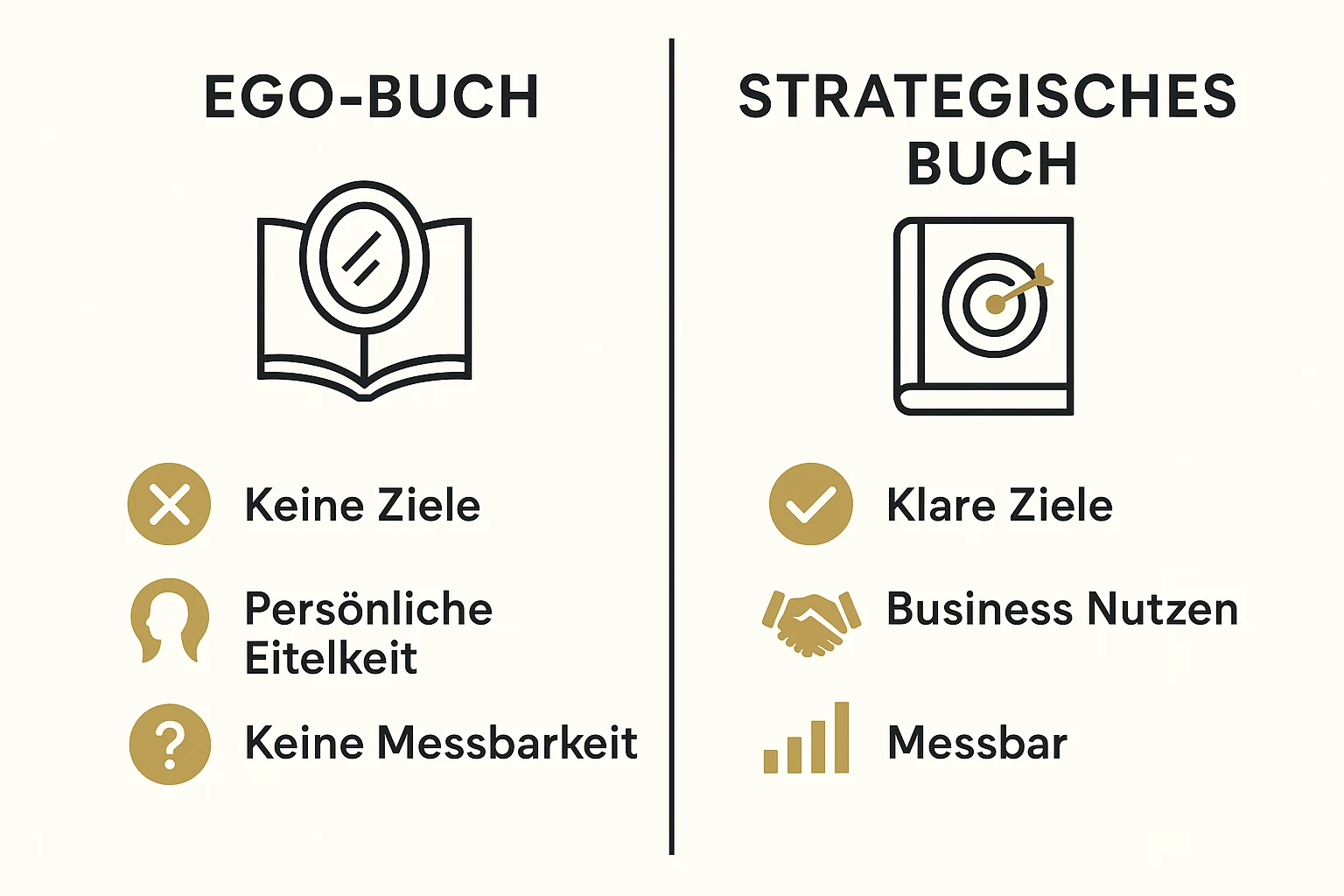 Vergleich zwischen den typischen Merkmalen eines Ego-Buchs und einem strategisch geplanten Buch mit klaren Geschäftsziele.