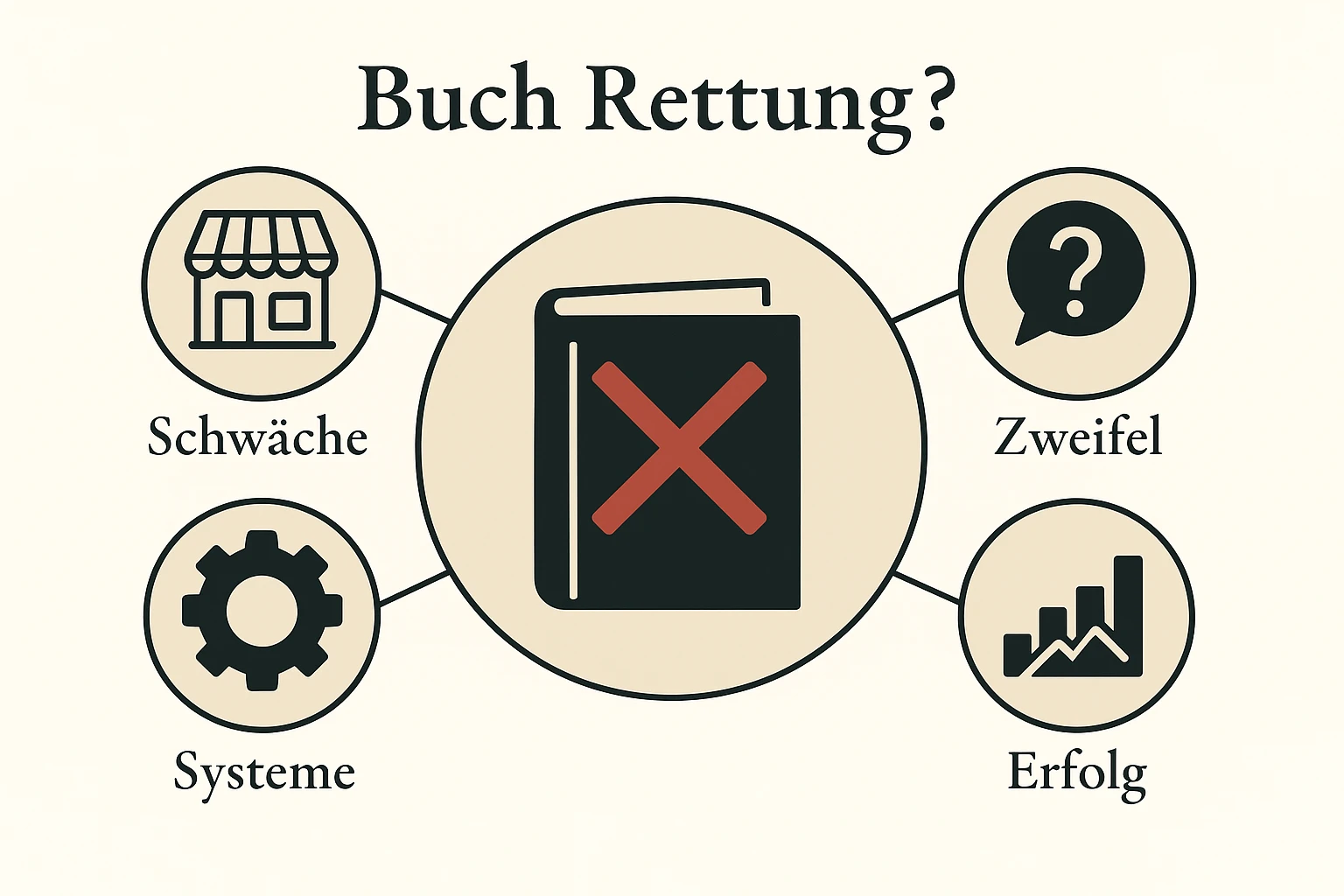 Dieses Bild visualisiert die verbreitete Fehlannahme, dass ein Buch allein ein schwächelndes Unternehmen retten kann.