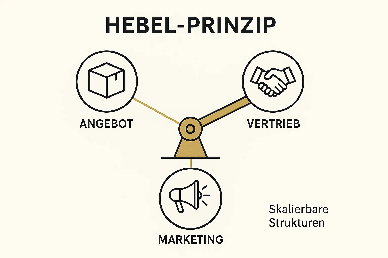 Ein Schaubild, das die drei Hebel – Angebot, Vertrieb und Marketing – als Zahnräder darstellt, die ineinandergreifen, um ein Unternehmerbuch zu skalieren.