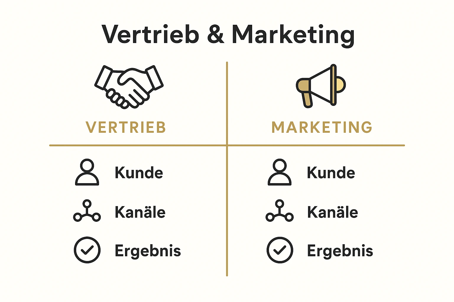 Eine Infografik, die die Anforderungen an Vertrieb (Prozessklarheit, CRM, Follow-up) und Marketing (Kanäle, Content-Strategie, Community) als Hebel für ein Unternehmerbuch gegenüberstellt.