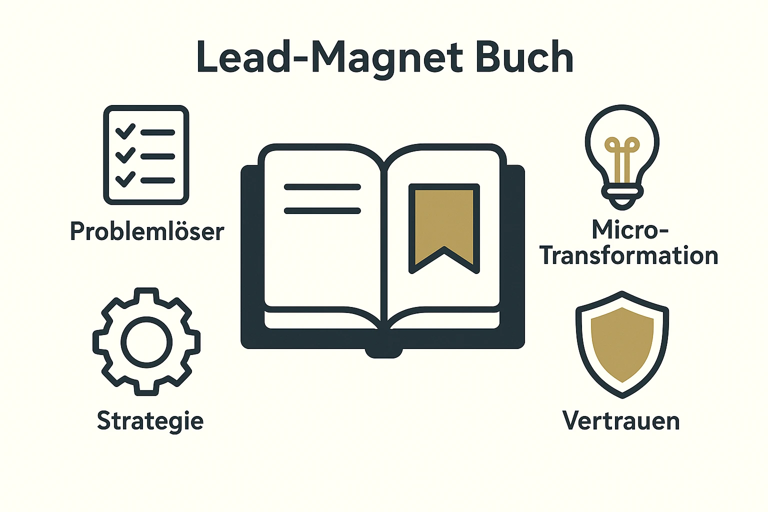 Diese Grafik veranschaulicht, warum ein Buch als Lead-Magnet einzigartig ist: Es schafft Autorität, Vertrauen und liefert Lösungen für hochpreisige Angebote.