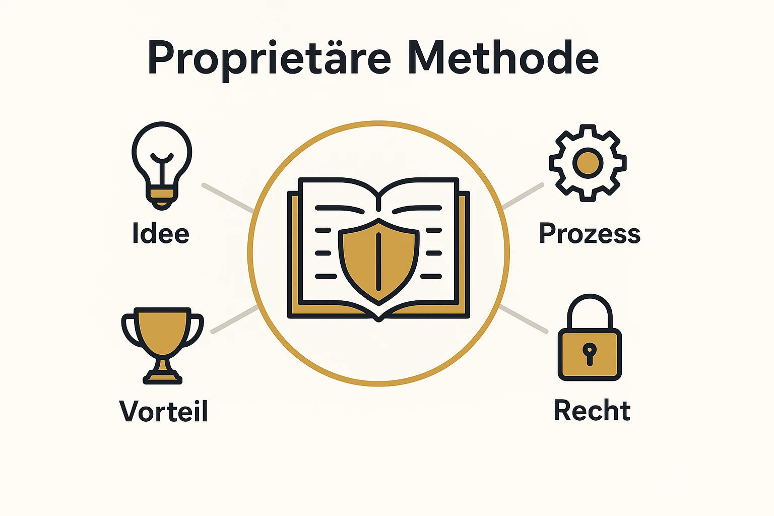 Diese Grafik erklärt die Kernkomponenten einer proprietären Methode im Buch als Kombination von Idee, Prozess, rechtlichem Schutz und Wettbewerbsvorteil.