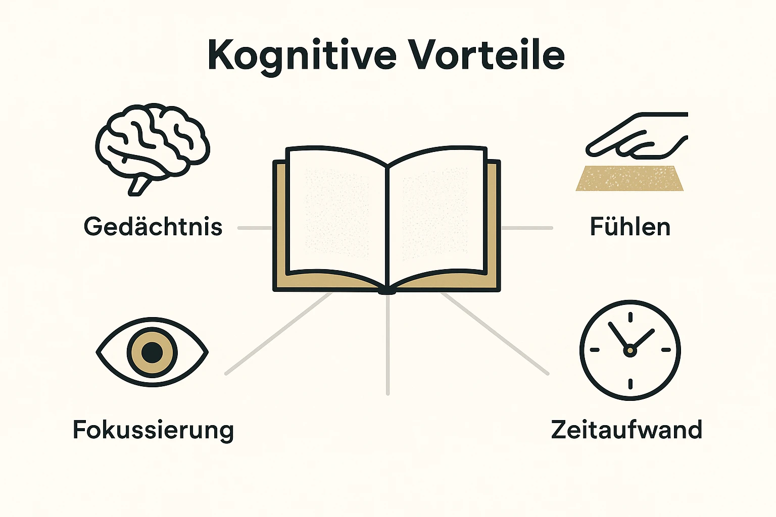 Diese Grafik stellt die kognitiven und sensorischen Vorteile des Lesens gedruckter Bücher gegenüber digitalen Medien dar, verdeutlicht tieferes Verständnis und bessere Gedächtnisleistung.