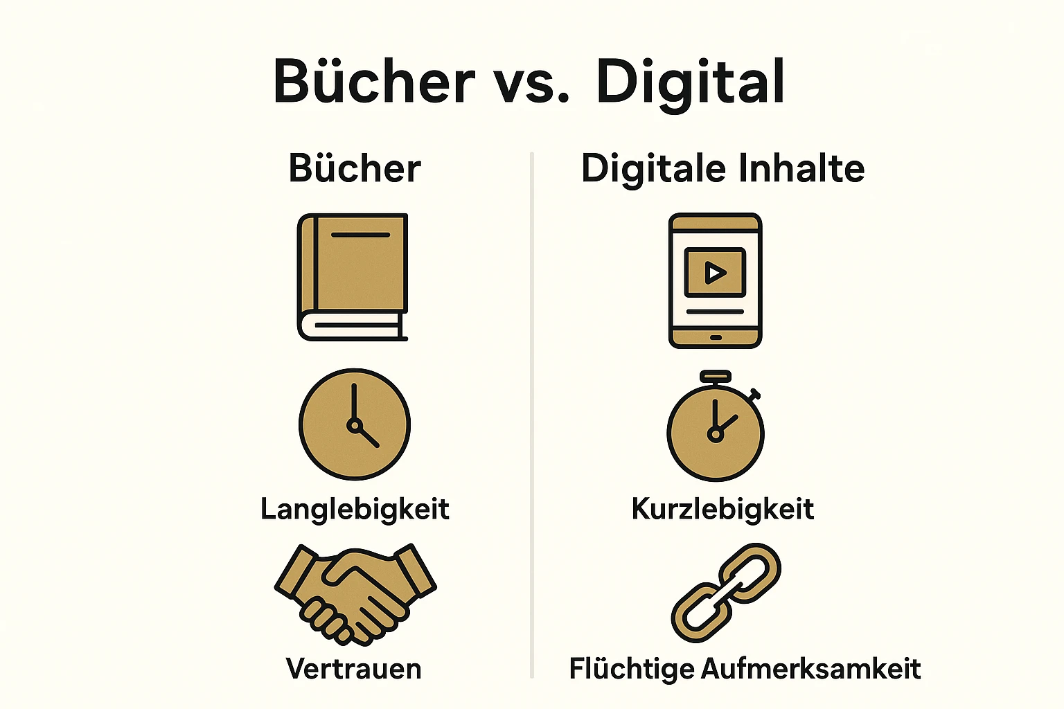 Diese Illustration veranschaulicht den grundlegenden Unterschied zwischen der beständigen Tiefe von Büchern und der kurzlebigen Natur digitaler Inhalte, stärkt das Verständnis für nachhaltigen Wettbewerbsvorteil.